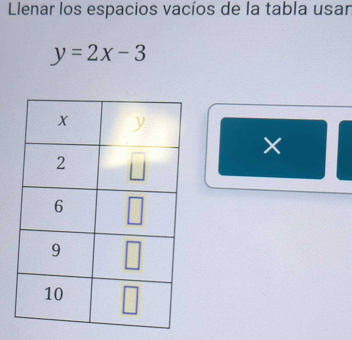 Llenar los espacios vacíos de la tabla usan
y=2x-3
×