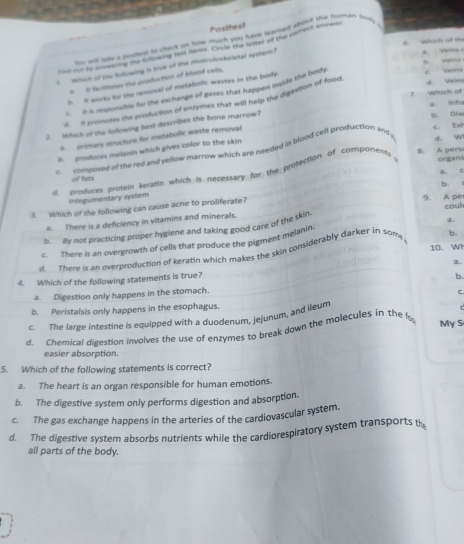 Posttest
6. which at do
You will tiks a pouest to check on how much you have learned about the humar fory
eto n ati the kitraing fe hams, corte the fotter of ths currect an cwe .
Ven * wg 
3. Which of the following is true of the musculoskeletal system?
n faciitates the production of blood calls.
d. Vains
h  it works for the removal of metabolic wastes in the body .
7. Which of
e It in responsible for the exchange of gases that happen inside the body
6. Veing
a inh
it. ll prmotes the production of enzymes that will help the digestion of food
2. Which of the following best describes the bone marrow?
B Dia
a. primary structure for metabolic waste removal
c. Ex
B. produces melanin which gives color to the skin
B. A perse
composed of the red and yellow marrow which are needed in blood cell production and s d. w
d. aroduces protein keratin which is necessary for the protection of components organs
of fats
b.
9. A pe
3. Which of the following can cause acne to proliferate? a c
integumentary system
a. There is a deficiency in vitamins and minerals.
b. fly not practicing proper hyglene and taking good care of the skin cou!
There is an overgrowth of cells that produce the pigment melanin a.
10. Wh
d. There is an overproduction of keratin which makes the skin considerably darker in some b.
4. Which of the following statements is true?
b.
a. Digestion only happens in the stomach.
C.
b. Peristalsis only happens in the esophagus.
c The lante intestine is equipped with a duodenum, jejunum, and ileum
d. Chemical digestion involves the use of enzymes to break down the molecules in the fo
My S
easier absorption.
5. Which of the following statements is correct?
a. The heart is an organ responsible for human emotions.
b. The digestive system only performs digestion and absorption.
c. The gas exchange happens in the arteries of the cardiovascular system.
d. The digestive system absorbs nutrients while the cardiorespiratory system transports th
all parts of the body.