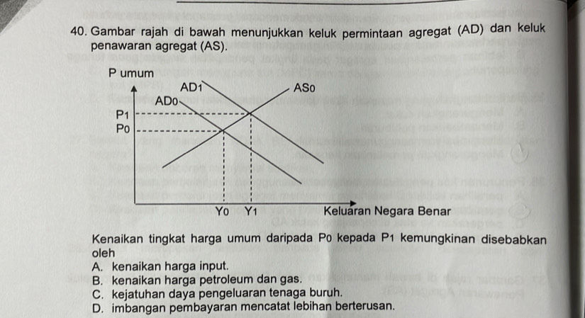 Gambar rajah di bawah menunjukkan keluk permintaan agregat (AD) dan keluk
penawaran agregat (AS).
Kenaikan tingkat harga umum daripada P0 kepada P1 kemungkinan disebabkan
oleh
A. kenaikan harga input.
B. kenaikan harga petroleum dan gas.
C. kejatuhan daya pengeluaran tenaga buruh.
D. imbangan pembayaran mencatat lebihan berterusan.