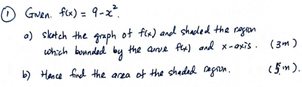 ( Gven. f(x)=9-x^2. 
a) slatch the graph of f(x) and shaded the region 
which bounded by the curve f(x) and x-axis. (3m) 
b) tence find the area of the shaded region. (5m.