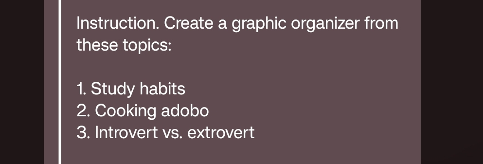 Instruction. Create a graphic organizer from 
these topics: 
1. Study habits 
2. Cooking adobo 
3. Introvert vs. extrovert