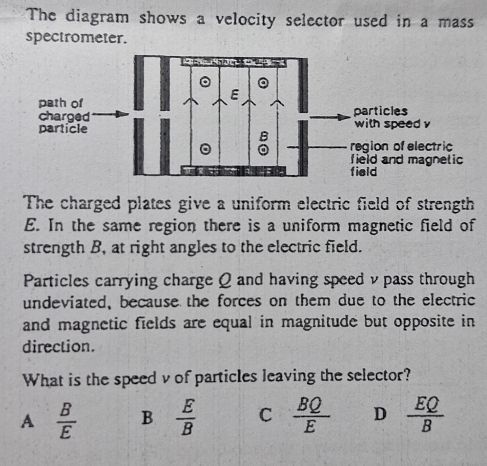 Solved: The diagram shows a velocity selector used in a mass ...