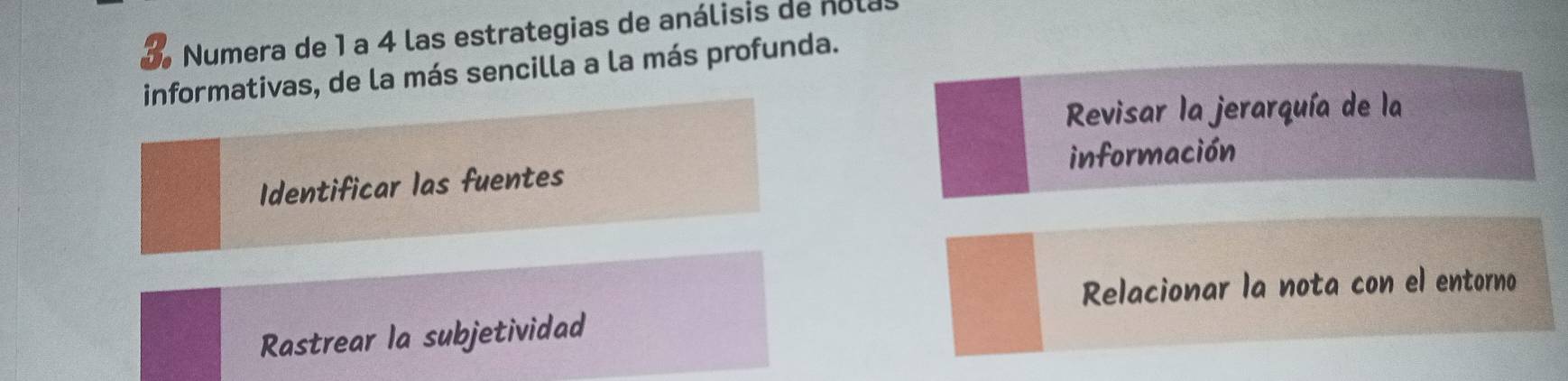 Numera de 1 a 4 las estrategias de análisis de núla 
informativas, de la más sencilla a la más profunda. 
Revisar la jerarquía de la 
Identificar las fuentes información 
Relacionar la nota con el entorno 
Rastrear la subjetividad