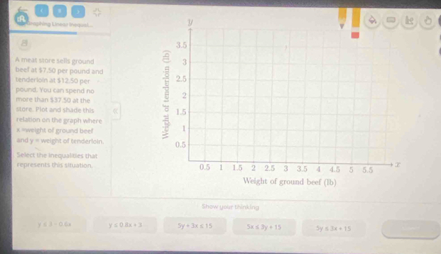  )
A raphing Linear Inequal..
8 
A meat store sells ground
beef at $7.50 per pound and
tenderloin at $12.50 per
pound. You can spend no
more than $37.50 at the
store. Plot and shade this 
relation on the graph where
x = weight of ground beef
and y= weight of tenderloin. 
Select the inequalities that
represents this situation
Show your thinking
y≤ 3-0.6x y≤ 0.8x+3 5y+3x≤ 15 5x≤ 3y+15 5y≤ 3x+15