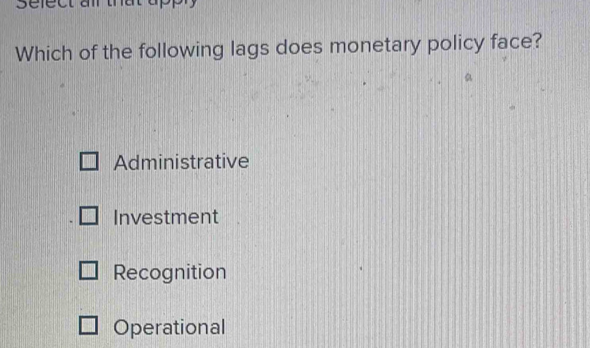 Which of the following lags does monetary policy face?
Administrative
Investment
Recognition
Operational