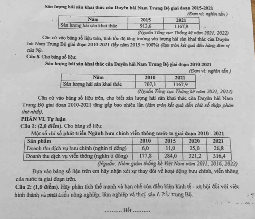 Sản lượng hải sản khai thác của Duyên hải Nam Trung Bộ giai đoạn 2015-2021 
hìn tấn ) 
(Nguồn Tổng cục Thống kê năm 2021, 2022) 
Căn cứ vào bảng số liệu trên, tính tốc độ tăng trưởng sản lượng hải sản khai thác của Duyên 
hải Nam Trung Bộ giai đoạn 2010-2021 (lấy năm 2015=100% ) (làm tròn kết quả đến hàng đơn vị 
của %). 
Câu 8. Cho bảng số liệu: 
Sản lượng hải sản khai thác của Duyên hải Nam Trung Bộ giai đoạn 2010-2021 
nghìn tấn ) 
(Nguồn Tổng cục Thống kê năm 2021, 2022) 
Căn cứ vào bảng số liệu trên, cho biết sản lượng hải sản khai thác của Duyên hải Nam 
Trung Bộ giai đoạn 2010-2021 tăng gắp bao nhiêu lần (làm tròn kết quả đến chữ số thập phân 
thứ nhất). 
PHÀN VI. Tự luận 
Câu 1: (2,0 điểm). Cho bảng số liệu: 
Một số chỉ số phát triển Ngành bưu chính viễn thông nước ta giai đoạn 2010 - 2021 
(Nguồn: Niêm giám thống kê Việt Nam năm 2011, 2016, 2022) 
Đựa vào bảng số liệu trên em hãy nhận xét sự thay đổi về hoạt động bưu chính, viễn thông 
của nước ta giai đoạn trên. 
Câu 2: (1,0 điểm). Hãy phân tích thế mạnh và hạn chế của điều kiện kinh tế - xã hội đối với việc 
hình thành và phát triển nông nghiệp, lâm nghiệp và thuỷ sản ở Đắc trung Bộ. 
_Hết_