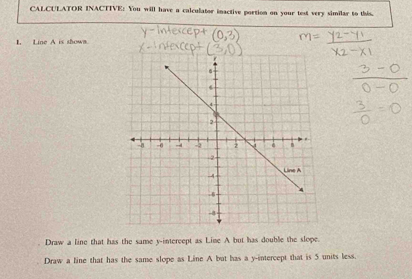 CALCULATOR INACTIVE: You will have a calculator inactive portion on your test very similar to this.
1. Line A is shown
Draw a line that has the same y-intercept as Line A but has double the slope.
Draw a line that has the same slope as Line A but has a y-intercept that is 5 units less.