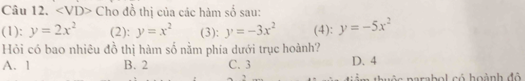 a Cho đồ thị của các hàm số sau:
(1): y=2x^2 (2): y=x^2 (3): y=-3x^2 (4): y=-5x^2
Hỏi có bao nhiêu đồ thị hàm số nằm phía dưới trục hoành?
A. 1 B. 2 C. 3 D. 4
thuộc parabol có hoành đô