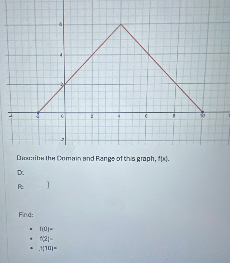 D:
R:
Find:
f(0)=
f(2)=
f(10)=