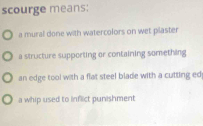 scourge means:
a mural done with watercolors on wet plaster
a structure supporting or containing something
an edge tool with a flat steel blade with a cutting ed
a whip used to inflict punishment