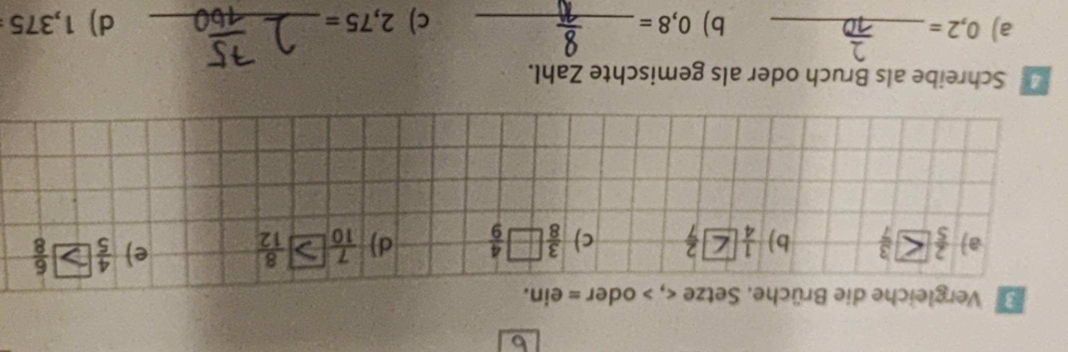 Schreibe als Bruch oder als gemischte Zahl.
a) 0,2= _ b) 0,8= _ 2,75= _ d) 1,375
c)