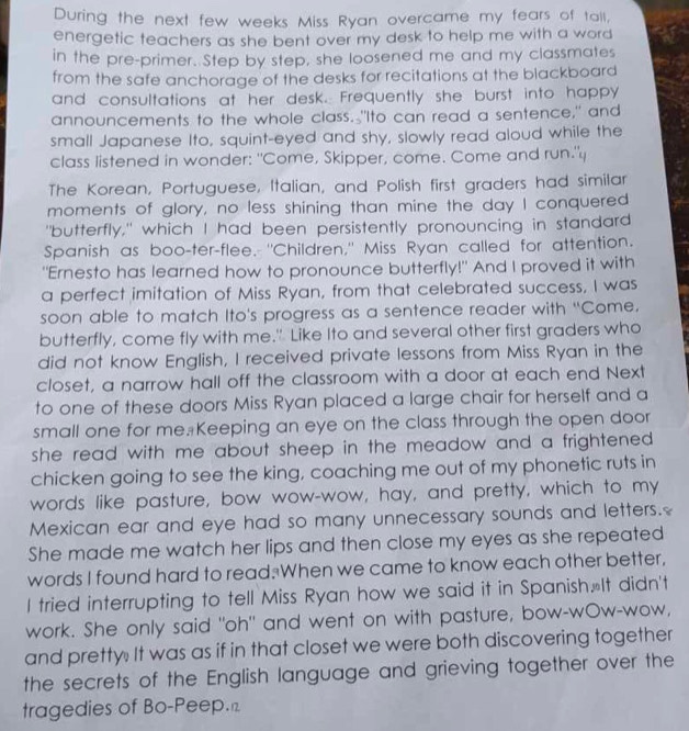 During the next few weeks Miss Ryan overcame my fears of tail, 
energetic teachers as she bent over my desk to help me with a word 
in the pre-primer. Step by step, she loosened me and my classmates 
from the safe anchorage of the desks for recitations at the blackboard 
and consultations at her desk. Frequently she burst into happy 
announcements to the whole class. "Ito can read a sentence," and 
small Japanese Ito, squint-eyed and shy, slowly read aloud while the 
class listened in wonder: "Come, Skipper, come. Come and run."4 
The Korean, Portuguese, Italian, and Polish first graders had similar 
moments of glory, no less shining than mine the day I conquered 
"butterfly," which I had been persistently pronouncing in standard 
Spanish as boo-ter-flee.-"Children," Miss Ryan called for attention. 
"Ernesto has learned how to pronounce butterfly!" And I proved it with 
a perfect imitation of Miss Ryan, from that celebrated success, I was 
soon able to match Ito's progress as a sentence reader with “Come. 
butterfly, come fly with me." Like Ito and several other first graders who 
did not know English, I received private lessons from Miss Ryan in the 
closet, a narrow hall off the classroom with a door at each end Next 
to one of these doors Miss Ryan placed a large chair for herself and a 
small one for me. Keeping an eye on the class through the open door 
she read with me about sheep in the meadow and a frightened . 
chicken going to see the king, coaching me out of my phonetic ruts in 
words like pasture, bow wow-wow, hay, and pretty, which to my 
Mexican ear and eye had so many unnecessary sounds and letters. 
She made me watch her lips and then close my eyes as she repeated 
words I found hard to read. When we came to know each other better, 
I tried interrupting to tell Miss Ryan how we said it in Spanish. It didn't 
work. She only said "oh" and went on with pasture, bow-wOw-wow, 
and pretty. It was as if in that closet we were both discovering together 
the secrets of the English language and grieving together over the 
tragedies of Bo-Peep.