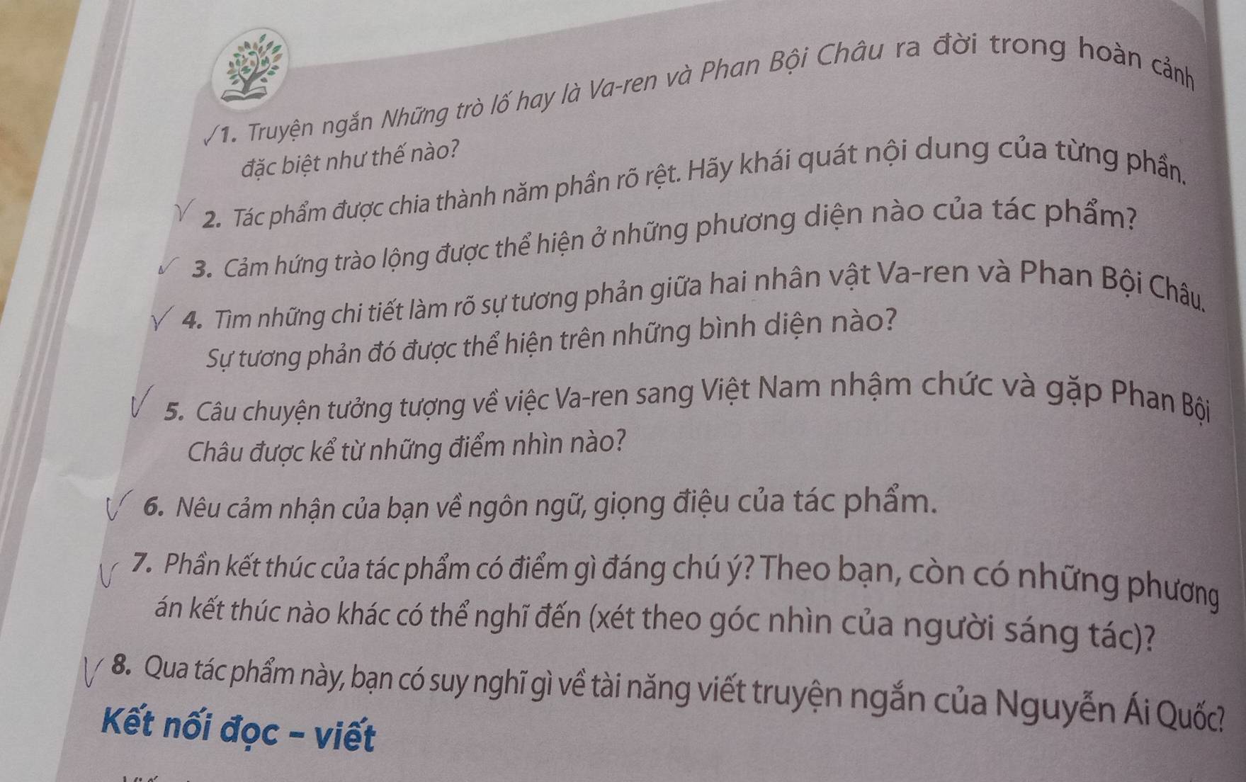 Truyện ngắn Những trò lố hay là Va-ren và Phan Bội Châu ra đời trong hoàn cảnh 
đặc biệt như thế nào? 
2. Tác phẩm được chia thành năm phần rõ rệt. Hãy khái quát nội dung của từng phần. 
3. Cảm hứng trào lộng được thể hiện ở những phương diện nào của tác phẩm? 
4. Tìm những chi tiết làm rõ sự tương phản giữa hai nhân vật Va-ren và Phan Bội Châu. 
Sự tương phản đó được thể hiện trên những bình diện nào? 
5. Câu chuyện tưởng tượng về việc Va-ren sang Việt Nam nhậm chức và gặp Phan Bội 
Châu được kể từ những điểm nhìn nào? 
6. Nêu cảm nhận của bạn về ngôn ngữ, giọng điệu của tác phẩm. 
7. Phần kết thúc của tác phẩm có điểm gì đáng chú ý? Theo bạn, còn có những phương 
án kết thúc nào khác có thể nghĩ đến (xét theo góc nhìn của người sáng tác)? 
8. Qua tác phẩm này, bạn có suy nghĩ gì về tài năng viết truyện ngắn của Nguyễn Ái Quốc 
Kết nối đọc - viết