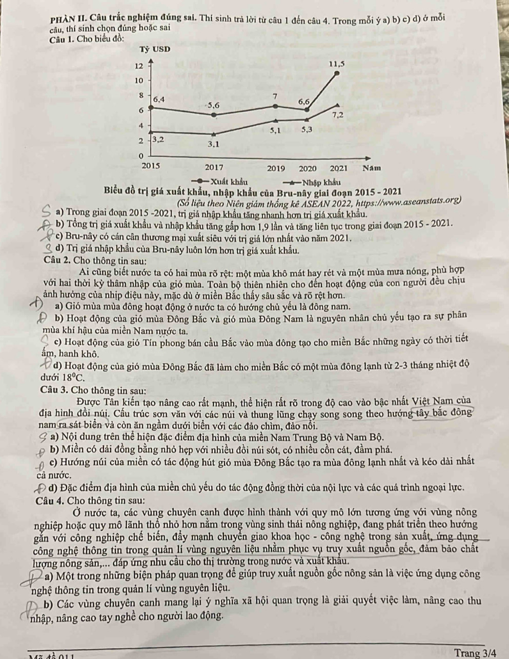 PHÀN II. Câu trắc nghiệm đúng sai. Thí sinh trả lời từ câu 1 đến câu 4. Trong mỗi ý a) b) c) d) ở mỗi
câu, thí sinh chọn đúng hoặc sai
Câu 1. Cho biểu đồ:
Tỷ USD
12 11,5
10
8 6.4
7 6,6
5,6
6
7,2
4
5,1 5,3
2 3,2 3,1
0
2015 2017 2019 2020 2021 Năm
Xuất khẩu Nhập khẩu
Biểu đồ trị giá xuất khẩu, nhập khẩu của Bru-nây giai đoạn 2015 - 2021
(Số liệu theo Niên giám thống kê ASEAN 2022, https://www.aseanstats.org)
a) Trong giai đoạn 2015 -2021, trị giá nhập khẩu tăng nhanh hơn trị giá xuất khẩu.
b) Tổng trị giá xuất khẩu và nhập khẩu tăng gấp hơn 1,9 lần và tăng liên tục trong giai đoạn 2015 - 2021.
*c) Bru-nây có cán cân thương mại xuất siêu với trị giá lớn nhất vào năm 2021.
d) Trị giá nhập khẩu của Bru-nây luôn lớn hơn trị giá xuất khẩu.
Câu 2. Cho thông tin sau:
Ai cũng biết nước ta có hai mùa rõ rệt: một mùa khô mát hay rét và một mùa mưa nóng, phù hợp
với hai thời kỳ thâm nhập của gió mùa. Toàn bộ thiên nhiên cho đến hoạt động của con người đều chịu
ảnh hưởng của nhịp điệu này, mặc dù ở miền Bắc thấy sâu sắc và rõ rệt hơn.
a) Gió mùa mùa đông hoạt động ở nước ta có hướng chủ yếu là đông nam.
b) Hoạt động của gió mùa Đông Bắc và gió mùa Đông Nam là nguyên nhân chủ yếu tạo ra sự phân
mùa khí hậu của miền Nam nước ta.
c) Hoạt động của gió Tín phong bán cầu Bắc vào mùa đông tạo cho miền Bắc những ngày có thời tiết
ẩm, hanh khô.
d) Hoạt động của gió mùa Đông Bắc đã làm cho miền Bắc có một mùa đông lạnh từ 2-3 tháng nhiệt độ
dưới 18°C.
Câu 3. Cho thông tin sau:
Được Tân kiến tạo nâng cao rất mạnh, thể hiện rất rõ trong độ cao vào bậc nhất Việt Nam của
địa hình đồi núi. Cầu trúc sơn văn với các núi và thung lũng chạy song song theo hướng tây bắc đông
nam ra sát biển và còn ăn ngầm dưới biển với các đảo chìm, đảo nổi.
a) Nội dung trên thể hiện đặc điểm địa hình của miền Nam Trung Bộ và Nam Bộ.
b) Miền có dải đồng bằng nhỏ hẹp với nhiều đồi núi sót, có nhiều cồn cát, đầm phá.
c) Hướng núi của miền có tác động hút gió mùa Đông Bắc tạo ra mùa đông lạnh nhất và kéo dài nhất
cả nước.
d) Đặc điểm địa hình của miền chủ yếu do tác động đồng thời của nội lực và các quá trình ngoại lực.
Câu 4. Cho thông tin sau:
Ở nước ta, các vùng chuyên canh được hình thành với quy mô lớn tương ứng với vùng nông
nghiệp hoặc quy mô lãnh thổ nhỏ hơn nằm trong vùng sinh thái nông nghiệp, đang phát triển theo hướng
gắn với công nghiệp chế biến, đầy mạnh chuyền giao khoa học - công nghệ trong sản xuất, ứng dụng
công nghệ thông tin trong quản lí vùng nguyên liệu nhằm phục vụ truy xuất nguồn gốc, đảm bảo chất
lượng nông sản,... đáp ứng nhu cầu cho thị trường trong nước và xuất khẩu.
a) Một trong những biện pháp quan trọng để giúp truy xuất nguồn gốc nông sản là việc ứng dụng công
hghệ thông tin trong quản lí vùng nguyên liệu.
b) Các vùng chuyên canh mang lại ý nghĩa xã hội quan trọng là giải quyết việc làm, nâng cao thu
nhập, nâng cao tay nghề cho người lao động.
Trang 3/4