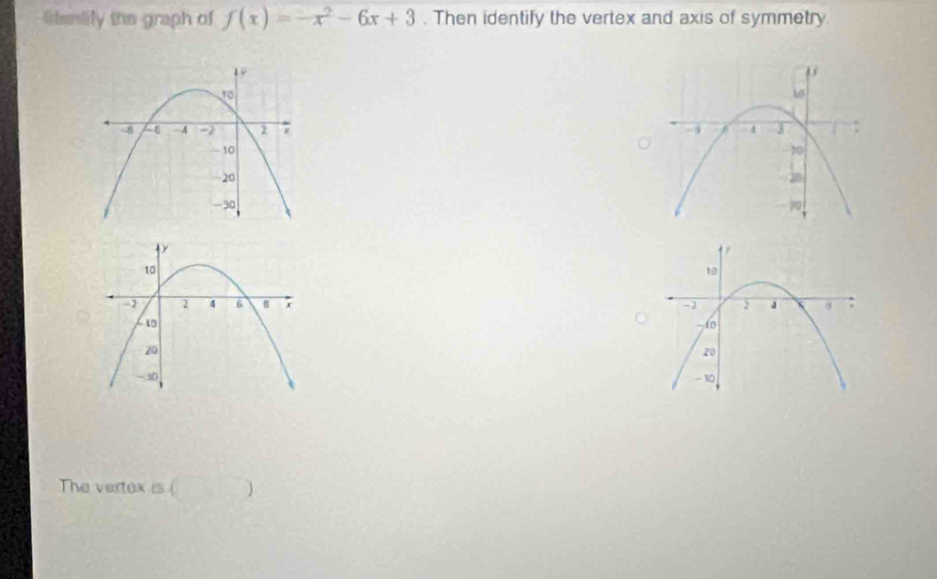 Stentily the graph of f(x)=-x^2-6x+3. Then identify the vertex and axis of symmetry 






The vertox is ()