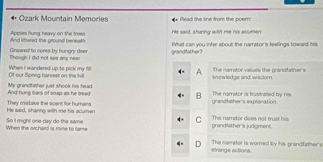 Ozark Mountain Memories Read the line from the poem:
Apples hung heavy on the trees He said, sharing with me his acumen
And littered the ground beneath
What can you infer about the narrator's feelings toward his
Gnawed to cores by hungry deer grandfather?
Though I did not see any near
When I wandered up to pick my fill The narrator values the grandfather's
A
Of our Spring harvest on the hill knowledge and wisdom.
My grandfather just shook his head
And hung bars of soap as he tread B The narrator is frustrated by his
They mistake the scent for humans
grandfather's explanation.
He said, sharing with me his acumen
C The narrator does not trust his
So I might one day do the same grandfather's judgment.
When the orchard is mine to tame
The narrator is worried by his grandfather's
strange actions.