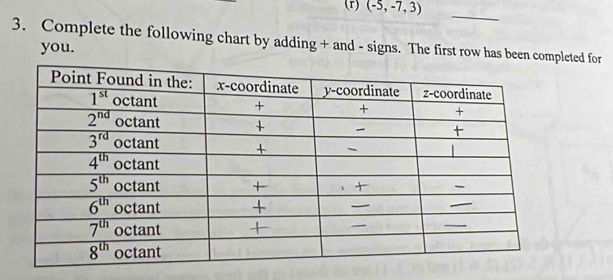 (-5,-7,3)
_
3. Complete the following chart by adding + and - signs. The first row has been completed for
you.