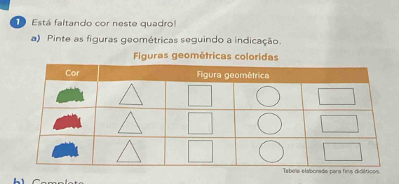 Está faltando cor neste quadro! 
a) Pinte as figuras geométricas seguindo a indicação. 
Figuras geométricas coloridas