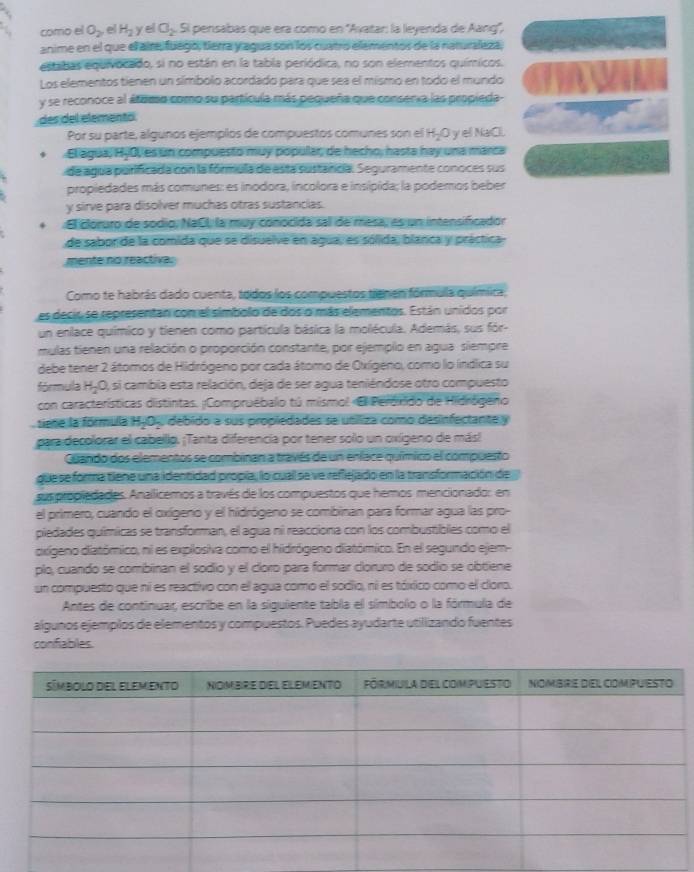 como el O_2 , el H_2 yel G_2 Si pensabas que era como en ''Avatar: la leyenda de Aang'',
anime en el que el aira fuego, tierra y agua son los cuatró elementos de la naturaleza,
estabas equivocado, si no están en la tabla periódica, no son elementos químicos.
Los elementos tienen un símbolo acordado para que sea el mismo en todo el mundo
y se reconoce al átuco como su partícula más pequeña que conserxa las propieda-
des del elemento
Por su parte, algunos ejemplos de compuestos comunes son el H_2O y el NaCl
El água, HyO, es un compuestó muy popular; de hecho, hasta hay una marca
de agua purificada con la fórmula de esta sustancia. Seguramente conoces sus
propiedades más comunes: es inodora, incolora e insipida; la podemos beber
y sirve para disolver muchas otras sustancias.
*El cloruro de sodio, NaCL, la muy conocida sall de mesa, es un intensificador
de saborde la comida que se disuelve en agua, es sólida, blanca y práctica
mente no reactiva.
Como te habrás dado cuenta, todos los compuestos trienen fórmula química;
es decio se representan con el simbolo de dos o más elementos. Están unidos por
un enlace químico y tienen como partícula básica la molécula. Además, sus fór-
mulas tienen una relación o proporción constante, por ejemplo en agua siempre
debe tener 2 átomos de Hidrógeno por cada átomo de Oxígeno, como lo indlica su
fórmula H_2O O, si cambia esta relación, deja de ser agua teniéndose otro compuesto
con características distintas. ¡Compruébalo tú mismol El Peronido de Hidrógeno
tiene la fórmula Hạ 2 y debido a sus propiedades se utliza como desinfectante y
para decolorar el cabelllo. ¡Tanta diferencia por tener solo un oxígeno de más!
Quando dos elementos se combinan a través de un enface químico el compuesto
que se forma tiene una identidad propía, lo cuall se ve reflejado en la transformación de
sus propiedades. Anallicemos a través de los compuestos que hemos mencionado: en
el primero, cuando el oxígeno y el hidrógeno se combinan para formar agua las pro-
piedades químicas se transforman, el agua ni reacciona con los combustibles como el
oxígeno diatómico, ni es explosiva como el hidrógeno diatómico. En el segundo ejem-
plo, cuando se combinan el sodio y el cloro para formar cloruro de sodio se obtiene
un compuesto que ni es reactivo con el agua como el sodio, ni es tóxico como el cloro.
Antes de continuar, escribe en la siguiente tabla el símbolo o la fórmula de
algunos ejemplos de elementos y compuestos. Puedes ayudarte utillizando fuentes
confiables.