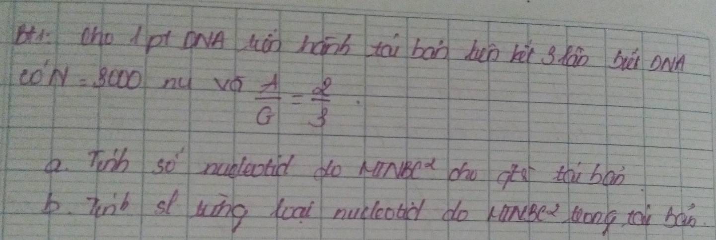 cho Ipt oAuán hànn tāi bān hen kēi ghán bēi on
CO'N=8000 nu vé  A/G = 2/3 
da. Twih so nubleotid do NTNBC^2 dho gēāi thi bān 
p. Tnb sl wing foal mucleoti do kancger loong toù bàò