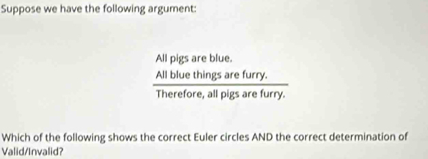 Suppose we have the following argument: 
All pigs are blue.
 (Allbluethingsarefurry.)/Therefore,allpigsarefurry. 
Which of the following shows the correct Euler circles AND the correct determination of 
Valid/Invalid?