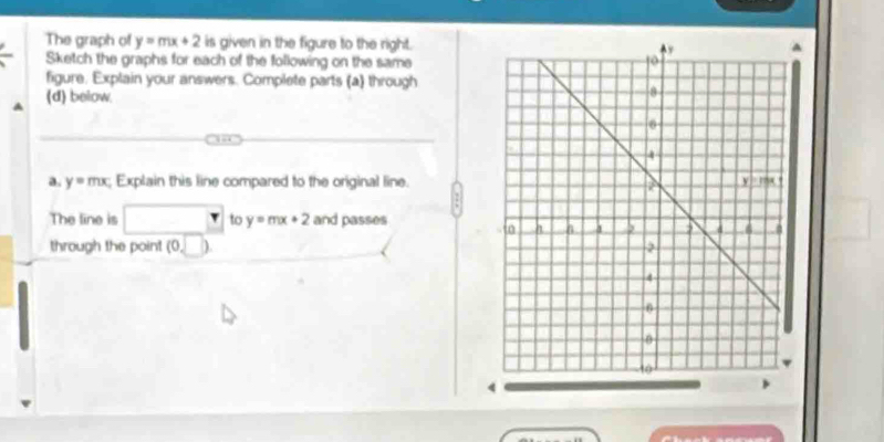 The graph of y=mx+2 is given in the figure to the right. 
Sketch the graphs for each of the following on the same 
figure. Explain your answers. Complete parts (a) through 
(d) below. 
a. y=mx; Explain this line compared to the original line. 
The line is □ to y=mx+2 and passes 
through the point (0,□ )