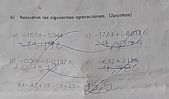 Resuelva las siguientes operaciones. (2puntos) 
a) -16,54-5,044 C -17,63+(-8,0126)
-0.069-(-0.1378) c ) -6,92+2,124
8,4/ 4,2+3,8/ 1,9+2,5=