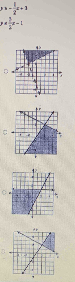 y≥ - 1/2 x+3
y≤  3/2 x-1