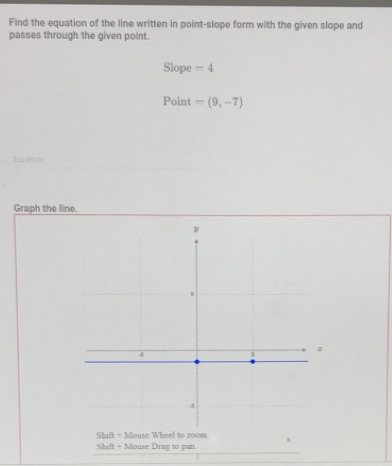 Find the equation of the line written in point-slope form with the given slope and 
passes through the given point. 
Slope =4
Point =(9,-7)
Equation 
Graph the line. 
Shift + Mouse Wheel to zoom 
Shift + Mouse Drag to pan.