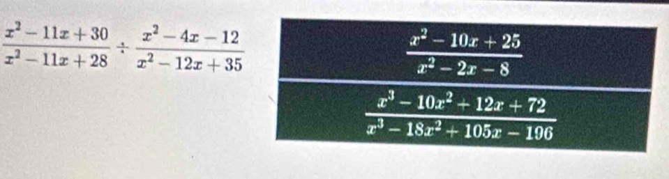  (x^2-11x+30)/x^2-11x+28 /  (x^2-4x-12)/x^2-12x+35 
 (x^2-10x+25)/x^2-2x-8 
 (x^3-10x^2+12x+72)/x^3-18x^2+105x-196 