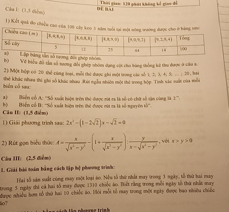 Thời gian: 120 phút không kế giao đề b.
Câu I: (1,5 điểm)
đẻ bài
1) Kết quả đo chiều cao c
b) Vẽ biểu đồ tần số tương đổi ghép nhóm dạng cột cho bảng thống kê thu được ở câu a.
2) Một hộp có 20 thể cùng loại, mỗi thẻ được ghi một trong các số 1; 2; 3; 4; 5; … ; 20 , hai
thẻ khác nhau thì ghi số khác nhau .Rút ngẫu nhiên một thẻ trong hộp. Tính xác suất của mỗi
biến cố sau:
a) Biến cố A: “Số xuất hiện trên thẻ được rút ra là số có chữ số tận cùng là 2 ”.
b) Biến cố B: “Số xuất hiện trên thẻ được rút ra là số nguyên tố”.
Câu II: (1,5 điểm)
1) Giải phương trình sau: 2x^2-(1-2sqrt(2))x-sqrt(2)=0
2) Rút gọn biểu thức: A= x/sqrt(x^2-y^2) -(1+ x/sqrt(x^2-y^2) ): y/x-sqrt(x^2-y^2)  , với x>y>0
Câu III: (2,5 điểm)
1. Giải bài toán bằng cách lập hệ phương trình:
Hai tổ sản suất cùng may một loại áo. Nếu tổ thứ nhất may trong 3 ngày, tổ thứ hai may
trong 5 ngày thì cả hai tổ may được 1310 chiếc áo. Biết rằng trong mỗi ngày tổ thứ nhất may
được nhiều hơn tổ thứ hai 10 chiếc áo. Hỏi mỗi tổ may trong một ngày được bao nhiêu chiếc
áo?
cách lập phưượng trình