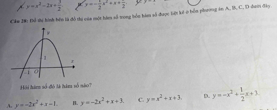 y=x^2-2x+ 3/2 . B. y=- 1/2 x^2+x+frac 2. y y=x
Câu 28: Đồ thị hình bên là đồ thị của một hàm số trong bốn hàm số được liệt kê ở bốn phương án A, B, C, D dưới đây.
Hỏi hàm số đó là hàm số nào?
A. y=-2x^2+x-1. B. y=-2x^2+x+3. C. y=x^2+x+3. D. y=-x^2+ 1/2 x+3.