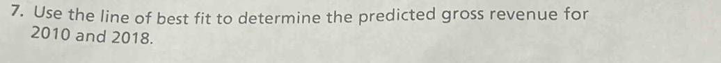 Use the line of best fit to determine the predicted gross revenue for 
2010 and 2018.