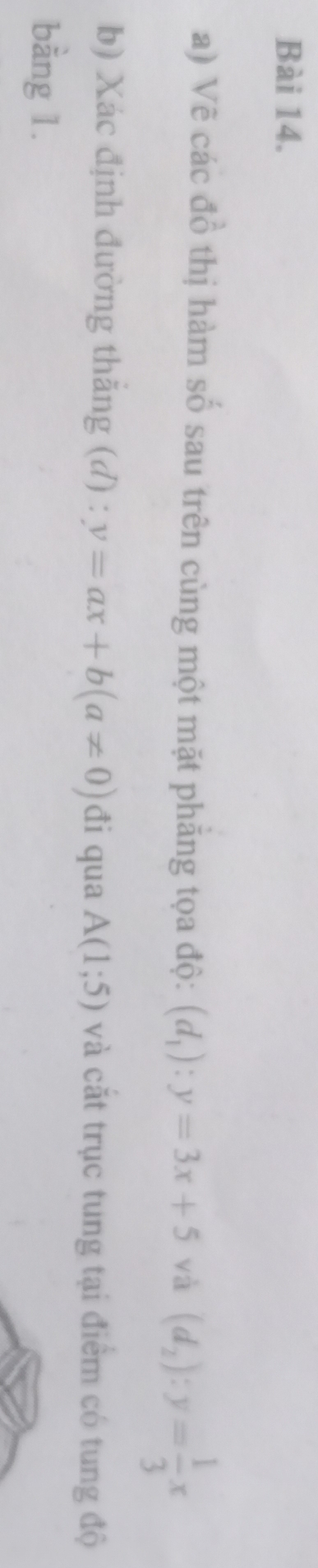 Vẽ các đồ thị hàm số sau trên cùng một mặt phẳng tọa độ: (d_1):y=3x+5 yà (d_2):y= 1/3 x
b) Xác định đường thắng (đ) : y=ax+b(a!= 0) đi qua A(1;5) và cắt trục tung tại điểm có tung độ 
bằng 1.