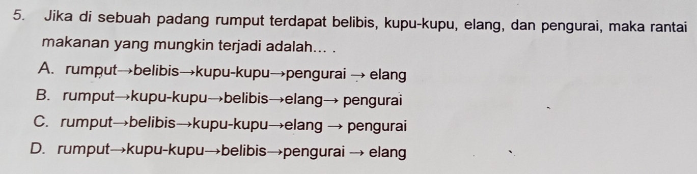 Jika di sebuah padang rumput terdapat belibis, kupu-kupu, elang, dan pengurai, maka rantai
makanan yang mungkin terjadi adalah... .
A. rumput→belibis→kupu-kupu→pengurai → elang
B. rumput→kupu-kupu→belibis→elang→ pengurai
C. rumput→belibis→kupu-kupu→elang → pengurai
D. rumput→kupu-kupu→belibis→pengurai → elang