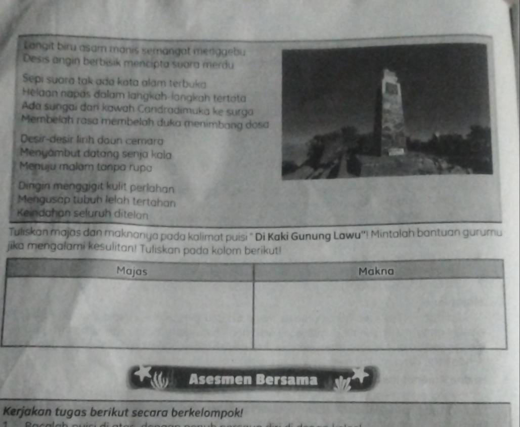 Langit biru asam manis semangat menggebu 
Desis angin berbisik mencipta suara merdu 
Sepi suara tak ada kota alam terbuka 
Helaan napás dalam langkah-langkah tertata 
Ada sungai darí kawah Candradimuka ke surga 
Membelah rasa membelah duka menimbang dos 
Desir-desir linh daun cemara 
Menyámbut datang senja kala 
Menuju malam tanpa rupa 
Dingin menggigit kulit perlahan 
Mengusap tubuh lelah tertahan 
Keindahan seluruh ditelan 
Tuliskan majas dan maknanya pada kalimat puisi " Di Kaki Gunung Lawu''! Mintalah bantuan gurumu 
jika mengalami kesulitan! Tuliskan pada kolom berikut! 
Majas Makna 
a Asesmen Bersama 
Kerjakan tugas berikut secara berkelompok!