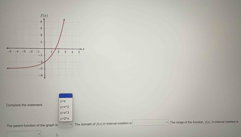 y=x
Complete the statement. y=x^(wedge)2
y=x^(wedge)3
y=2^(wedge)x
The parent function of the graph is . The domain of f(x) in interval notation is □ . The range of the function, f(x) in interval notation is