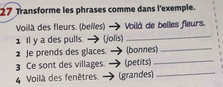 Transforme les phrases comme dans l’exemple. 
Voilà des fleurs. (belles) Voilà de belles fleurs. 
1 Il y a des pulls. (jolis)_ 
2 Je prends des glaces. (bonnes)_ 
3 Ce sont des villages. (petits)_ 
4 Voilà des fenêtres. (grandes)_