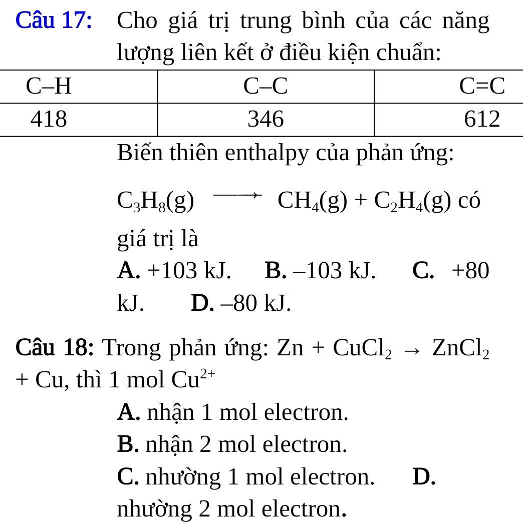 Cho giá trị trung bình của các năng
lượng liên kết ở điều kiện chuẩn:
Biến thiên enthalpy của phản ứng:
C_3H_8(g)to CH_4(g)+C_2H_4(g)cdot 0
giá trị là
A. +103 kJ. B. −103 kJ. C. +80
kJ. D. -80 kJ.
Câu 18: Trong phản ứng: Zn+CuCl_2to ZnCl_2
+ Cu, thì 1 mol Cu^(2+)
A. nhận 1 mol electron.
B. nhận 2 mol electron.
C. nhường 1 mol electron. D.
nhường 2 mol electron.