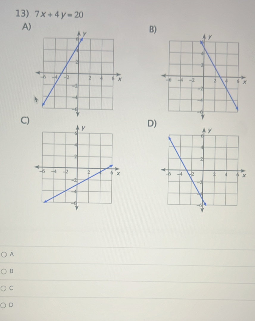 7x+4y=20
A)
B)
C)
D)
A
B
C
D