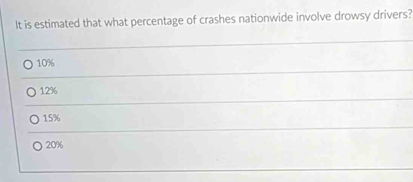 It is estimated that what percentage of crashes nationwide involve drowsy drivers?
10%
12%
15%
20%