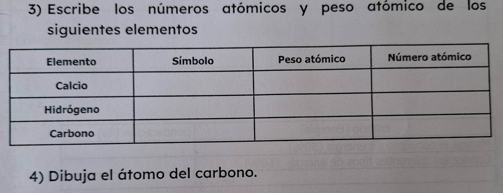 Escribe los números atómicos y peso atómico de los 
siguientes elementos 
4) Dibuja el átomo del carbono.