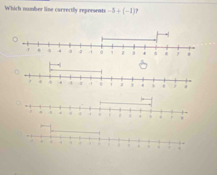 Which number line correctly represents -5+(-1) ?