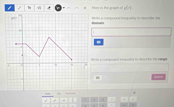 Tr sqrt(± ) Here is the graph of g(r).
15
g(r) Write a compound inequality to describe the 
domain.
10
5
Write a compound inequality to describe the range.
-5 0 5 10 15 20
r
Submit
-5
main abc functions
a^2 a^3 |a|  a/b  7 8 9 / x y
C 4 5 6 .