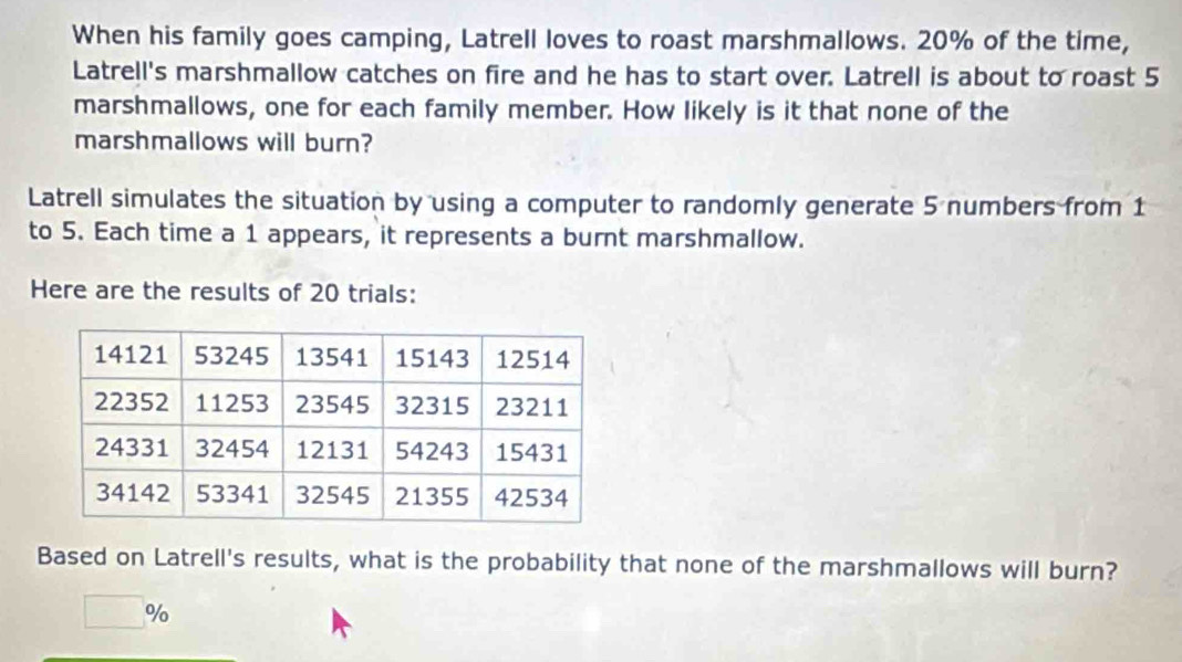 When his family goes camping, Latrell loves to roast marshmallows. 20% of the time, 
Latrell's marshmallow catches on fire and he has to start over. Latrell is about to roast 5
marshmallows, one for each family member. How likely is it that none of the 
marshmallows will burn? 
Latrell simulates the situation by using a computer to randomly generate 5 numbers from 1
to 5. Each time a 1 appears, it represents a burnt marshmallow. 
Here are the results of 20 trials: 
Based on Latrell's results, what is the probability that none of the marshmallows will burn?