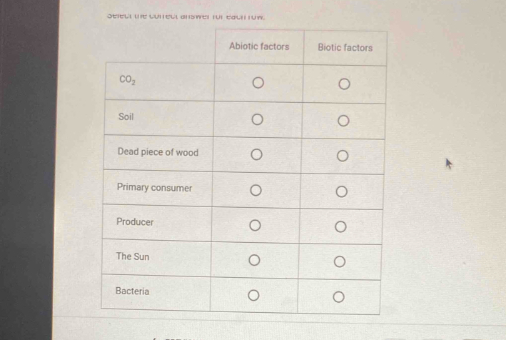 Select the cofrect answer for each row.