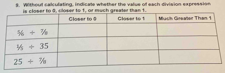 Without calculating, indicate whether the value of each division expression
is closer to 0, closer to 1, or much greater than 1.