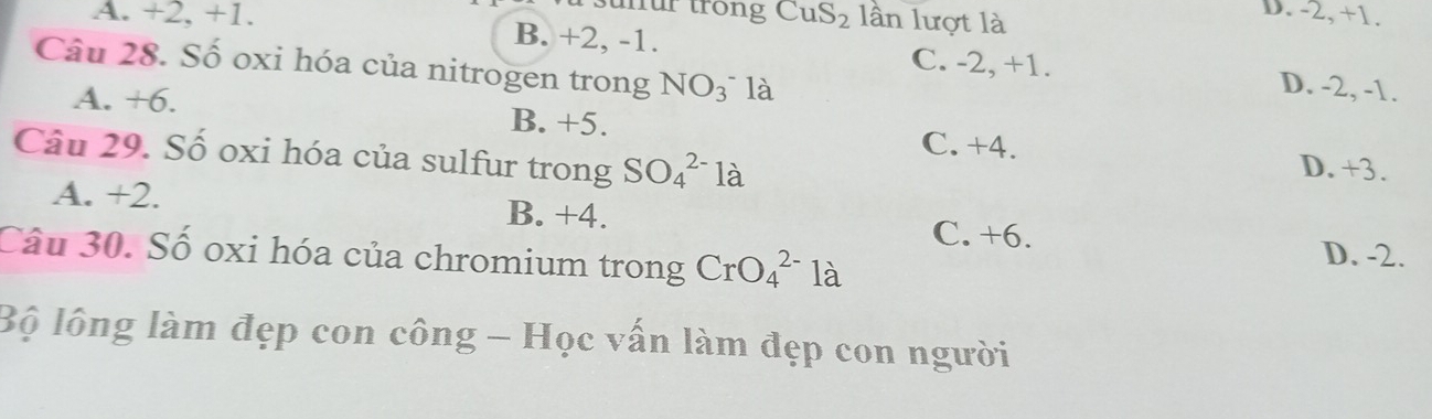 tüfur trong CuS_2 lần lượt là
D. -2, +1.
A. +2, +1. B. +2, -1. D. -2, -1.
C. -2, +1.
Câu 28. Số oxi hóa của nitrogen trong NO_3 là
A. +6. B. +5.
C. +4.
Câu 29. Số oxi hóa của sulfur trong SO_4^(2-) là D. +3.
A. +2. B. +4.
C. +6. D. -2.
Câu 30. Số oxi hóa của chromium trong CrO_4^(2-) là
Bộ lông làm đẹp con công - Học vấn làm đẹp con người