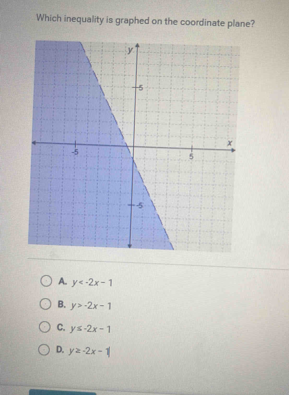 Which inequality is graphed on the coordinate plane?
A. y
B. y>-2x-1
C. y≤ -2x-1
D. y≥ -2x-1|