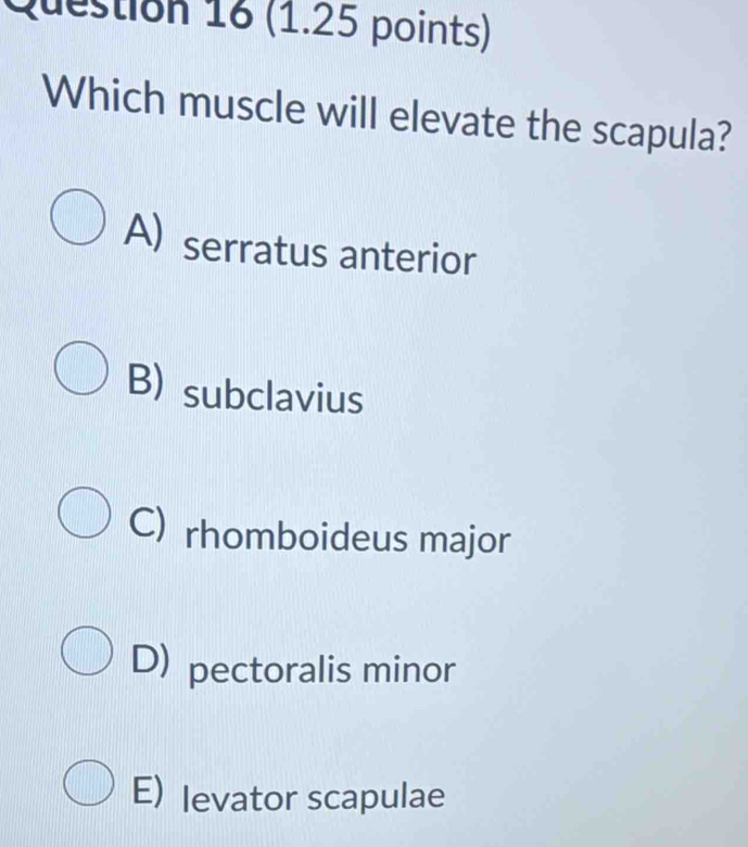 Which muscle will elevate the scapula?
A) serratus anterior
B) subclavius
C) rhomboideus major
D) pectoralis minor
E) levator scapulae